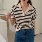 Short-sleeve Striped Knit Polo Shirt Stripe - Black & White - One Size