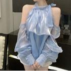 Lantern-sleeve Cold-shoulder Chiffon Blouse Blue - One Size