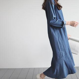 V-neck Ruffle-hem Denim Shirtdress
