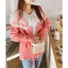 Set: V-neck Cardigan With Cord + Sheer Lace Blouse
