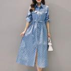 Print Drawstring Waist A-line Denim Shirtdress