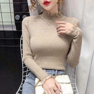 Long-sleeve Mesh Trim Mock-neck Knit Top