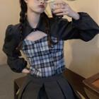 Mock Two-piece Puff-sleeve Cutout Plaid Blouse
