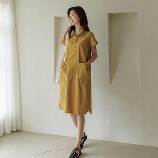 Cap-sleeve Half-placket Midi Shirtdress