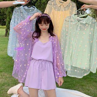 Camisole Top / Shorts / Floral Embroidered Mesh Shirt / Set