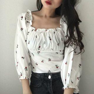 Floral Print Off-shoulder Long-sleeve Cropped Top