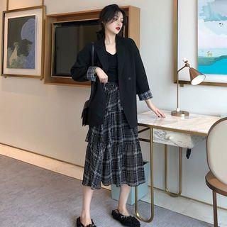 Plaid Panel Blazer / Plaid Layered Midi A-line Skirt / Set