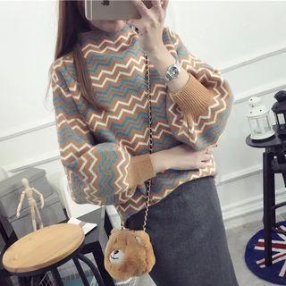 Chevron Puff-sleeve Thick Sweater