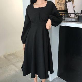 Balloon-sleeve Square-neck Midi A-line Dress