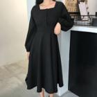 Balloon-sleeve Square-neck Midi A-line Dress