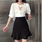 Short Sleeve Heart Cutout Lace Trim Shirt / Mermaid Mini Fitted Skirt