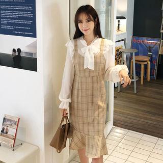 Ruffle-hem Plaid Pinafore Dress With Belt