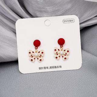 Polka Dot Bow Alloy Dangle Earring E1678-2 - 1 Pair - Red & Beige - One Size