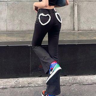 High-waist Heart Print Boot-cut Pants