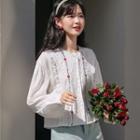 Long-sleeve Floral Embroidered Frill Trim Blouse White - One Size