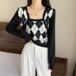 Long-sleeve Plain Panel Argyle Shrug / Argyle Knit Camisole Top