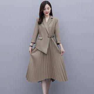 Mock Two-piece Collared 3/4-sleeve Midi A-line Dress