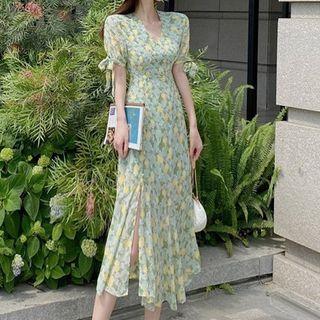 V-neck Floral Slit Midi A-line Dress