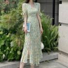 V-neck Floral Slit Midi A-line Dress
