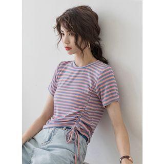 Striped Short-sleeve Drawstring Cropped T-shirt