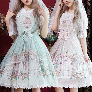 Lace Trim Spaghetti-strap Print A-line Dress