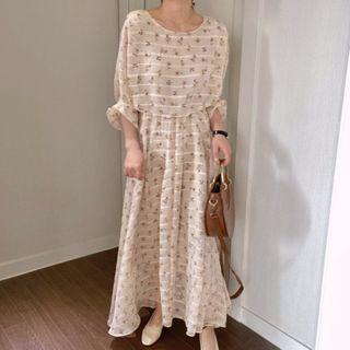 Elbow-sleeve All Over Print Maxi Dress Off-white - One Size