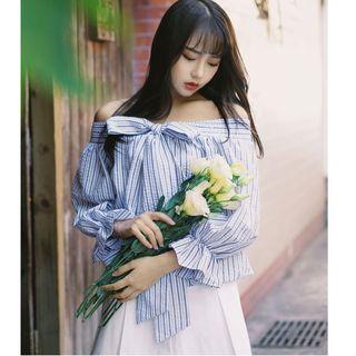 Elbow-sleeve Striped Off Shoulder Blouse