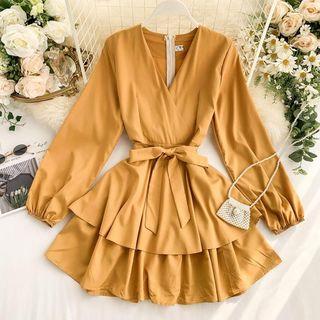 Tie-waist Long-sleeve Mini Tiered Dress