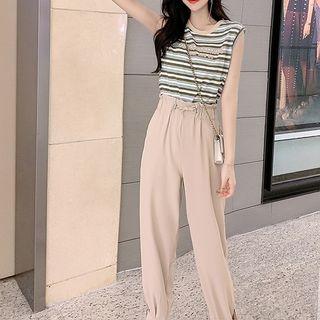 Set: Striped Sleeveless Top + Harem Pants To - Stripes - Green - One Size / Pants - Khaki - One Size