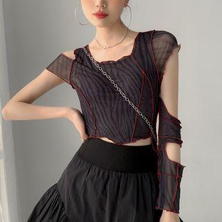 Long-sleeve Asymmetrical Printed T-shirt Black - One Size