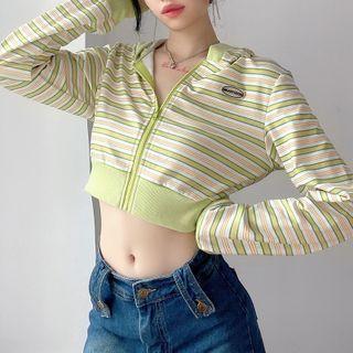 Striped Hooded Cropped Zip Jacket
