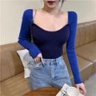 Long-sleeve Two-tone Knit Top Panel - Blue & Dark Blue - One Size
