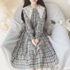 Long-sleeve Lace Paneled Wide Collar Plaid A-line Midi Dress