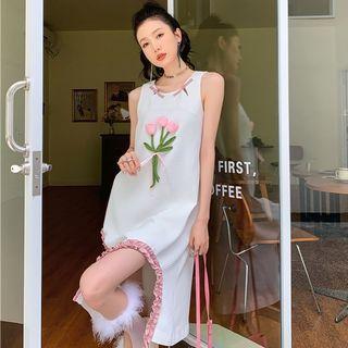 Sleeveless Floral Accent Slit A-line Dress