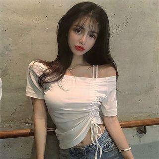 Shirred Off-shoulder Short-sleeve Slim-fit Top