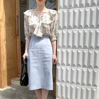 Elbow-sleeve Floral Print Frill Trim Blouse / Fitted Midi Skirt