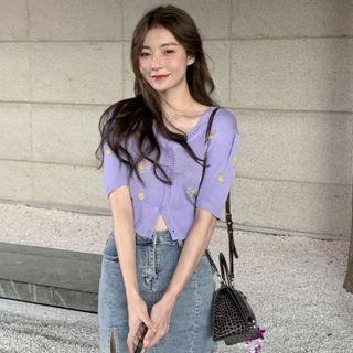 Short-sleeve Floral Embroidered Cropped Cardigan