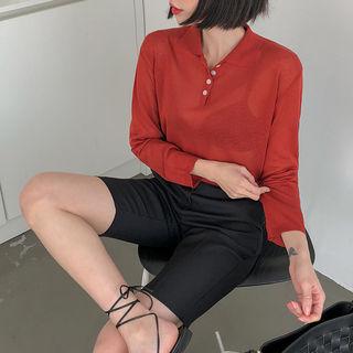 Long-sleeve Sheer Knit Polo Shirt