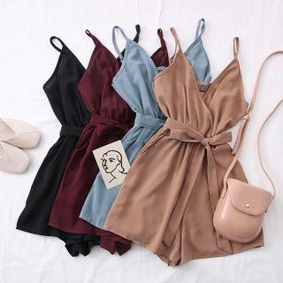 Sleeveless Wide-leg Playsuit With Sash
