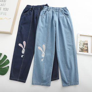 Rabbit Embroidered Straight Leg Jeans