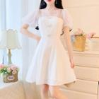 Puff-sleeve Mesh-panel A-line Dress