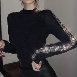 Long-sleeve Rhinestone Mock Neck Top Black - One Size