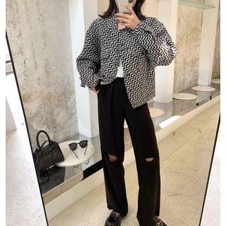 Pattern Printed Coat / High-waist Distressed Pants