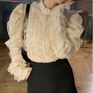 Puff-sleeve Shirred Lace Blouse Almond - One Size