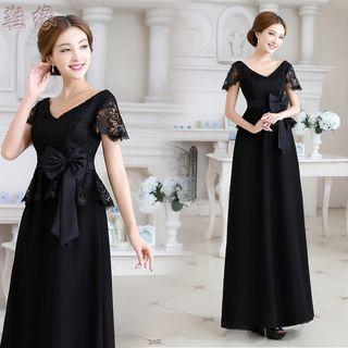 Short-sleeve Bow-accent Evening Gown