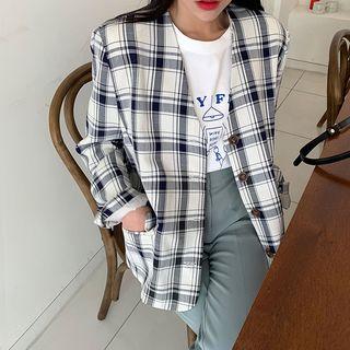 Lapelless Flap-pocker Plaid Blazer Check - One Size