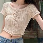 Short-sleeve Lace-up Pointelle Knit Top Almond - One Size