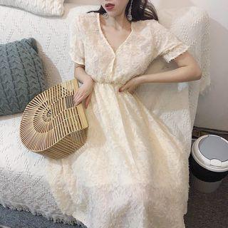 Short-sleeve Feather-accent Midi A-line Dress Almond - One Size
