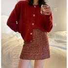Long-sleeve Plain Knit Cardigan / Tweed Mini Skirt