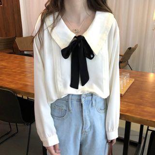 Collared Tie-neck Long-sleeve Top